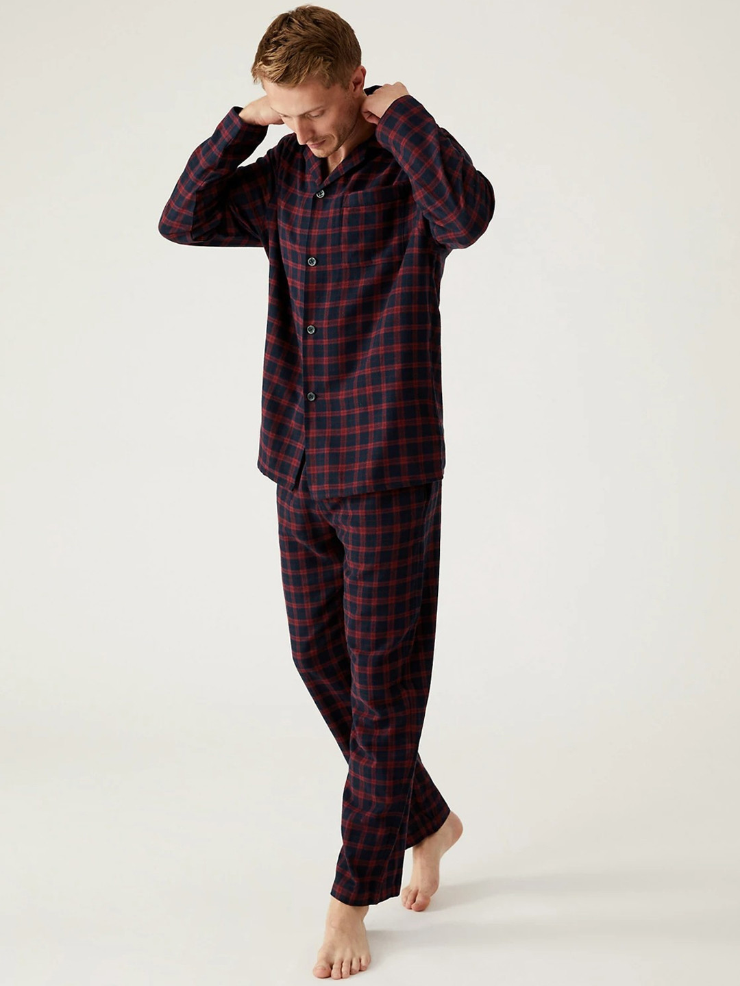 

Marks & Spencer Men Red & Blue Checked Pure Cotton Night suit