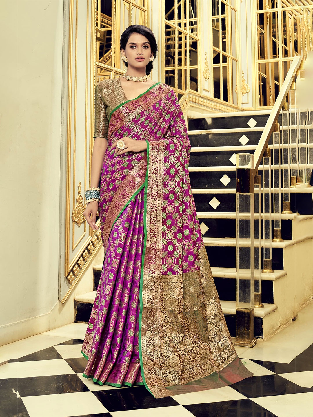 

elora Purple & Green Woven Design Zari Silk Blend Patola Saree