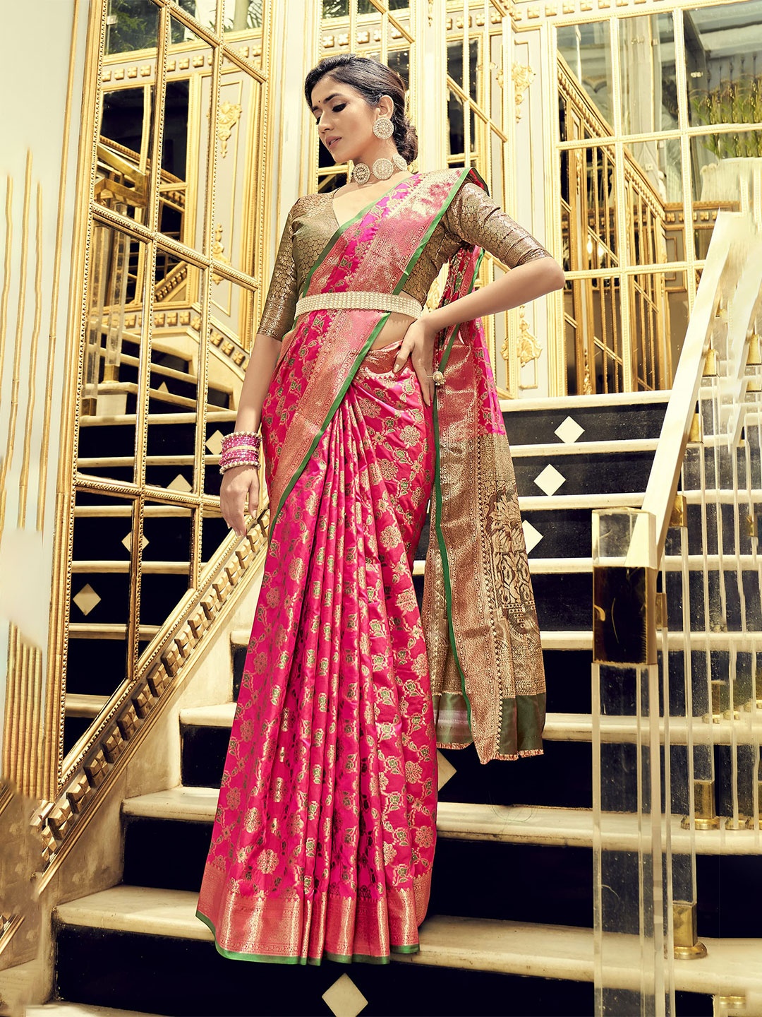 

elora Pink & Green Woven Design Gotta Patti Silk Blend Patola Saree