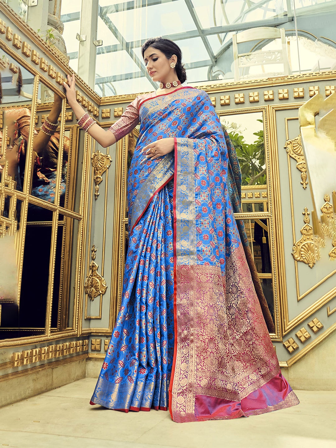 

elora Blue & Pink Woven Design Zari Patola Saree