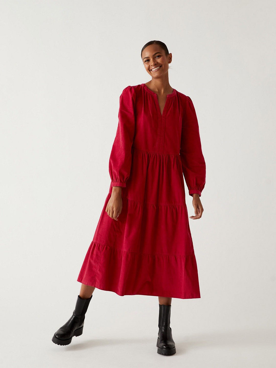 

Marks & Spencer Women Red A-Line Puff Sleeves Midi Dress