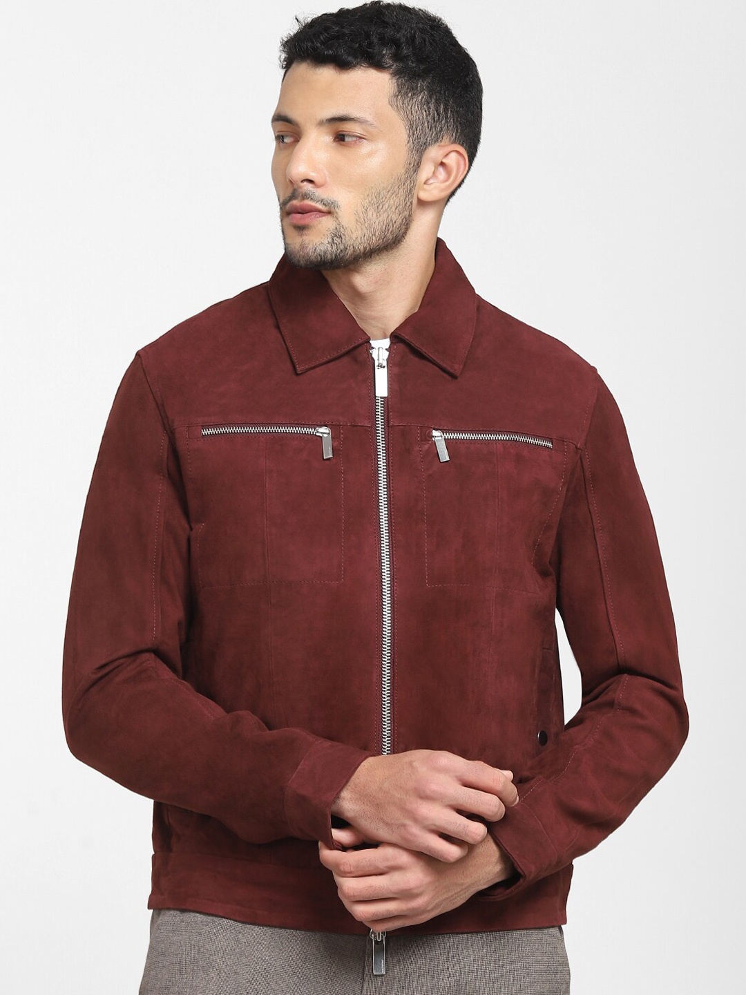 

SELECTED Men Maroon Suede Crop Tailored Jacket