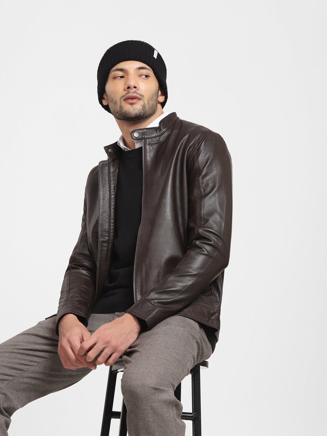 

SELECTED Men slharchive classic leather jkt w noos Brown Solid Leather Biker Jacket