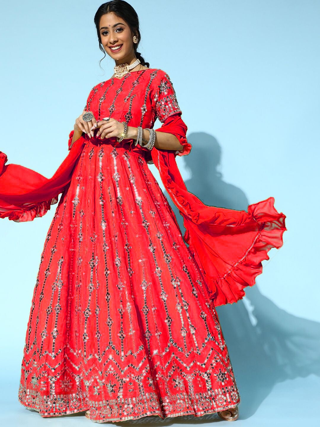 

Chhabra 555 Red Embellished Mirror Work Made to Measure Lehenga & Blouse With Dupatta