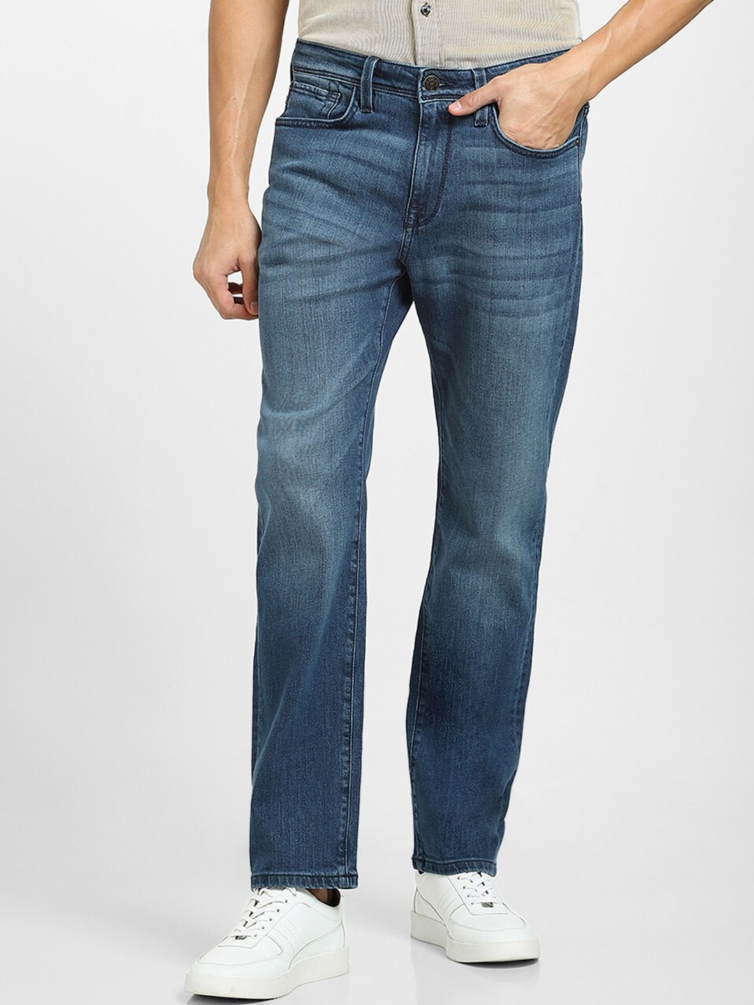 

SELECTED Men Blue Straight Fit Mildly Distressed Heavy Fade Stretchable Jeans