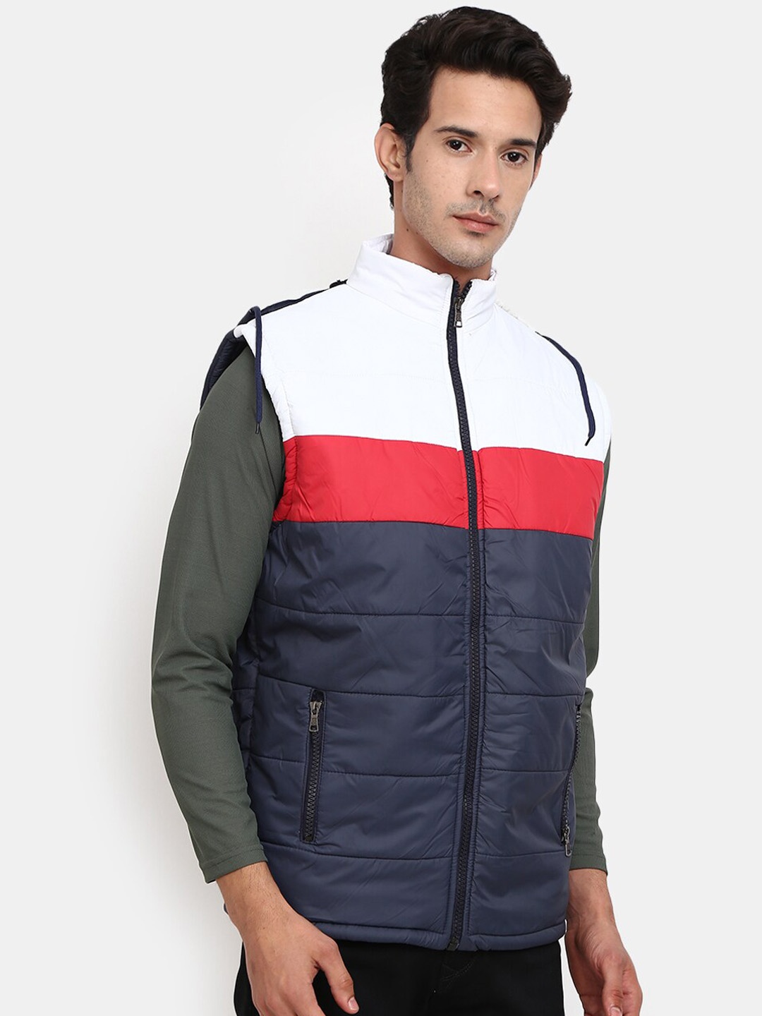 

V-Mart Men Navy Blue Red Colourblocked Lightweight Bomber Jacket