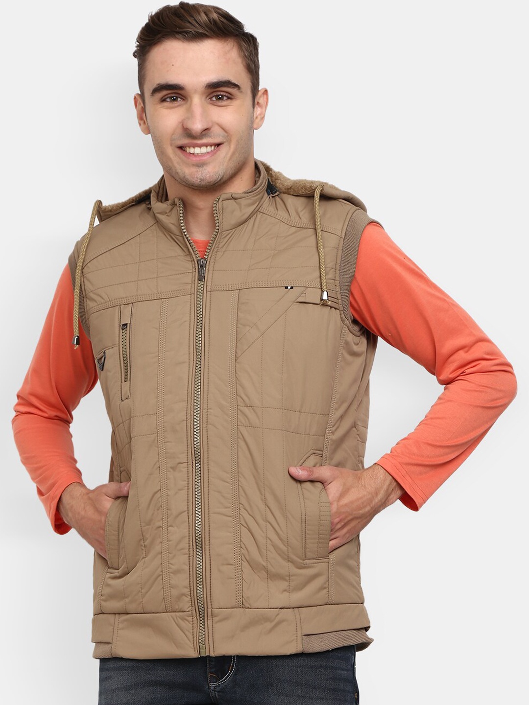 

V-Mart Men Beige Lightweight Hooded Bomber Jacket