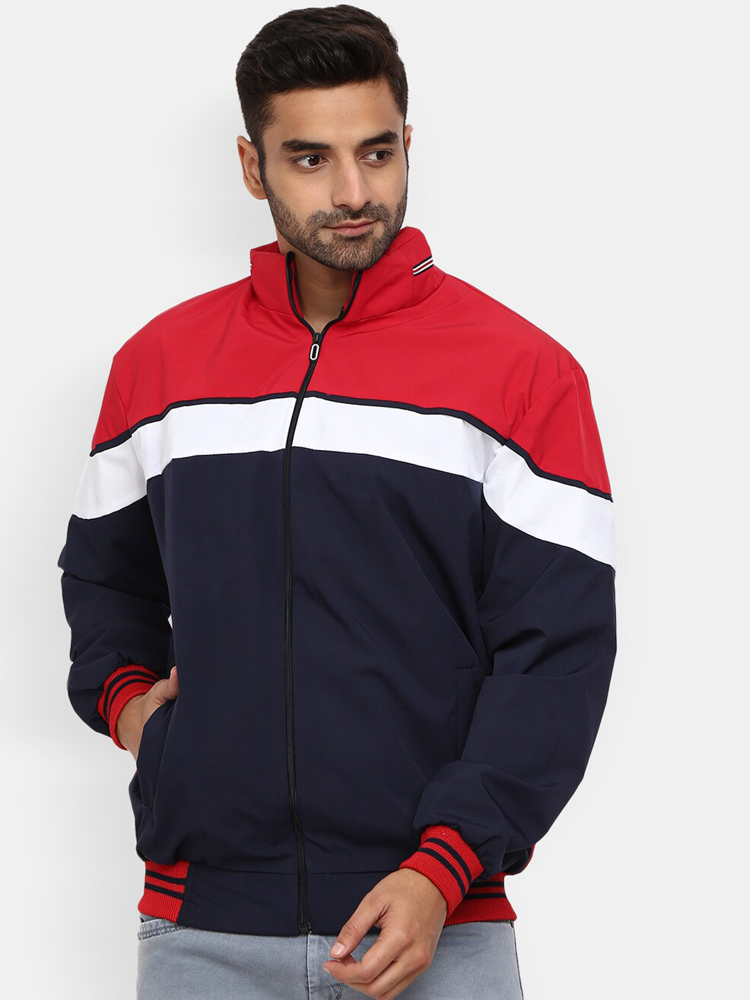 

V-Mart Men Red Navy Blue Colourblocked Lightweight Bomber Jacket
