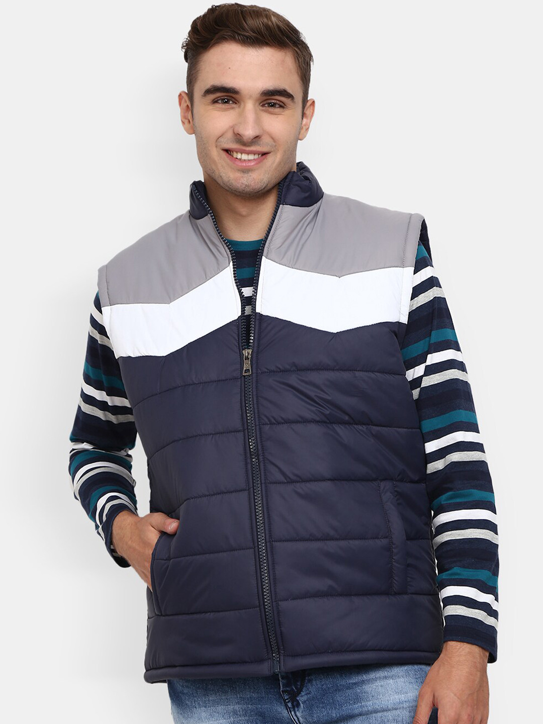 

V-Mart Men Navy Blue Colourblocked Lightweight Padded Jacket