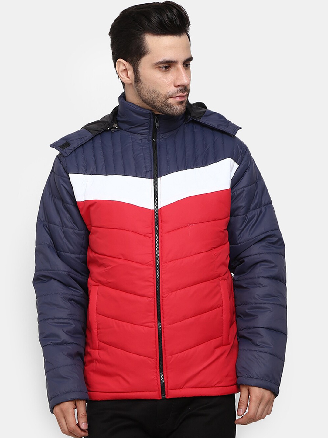 

V-Mart Men Navy Blue & Red Colourblocked Lightweight Padded Jacket