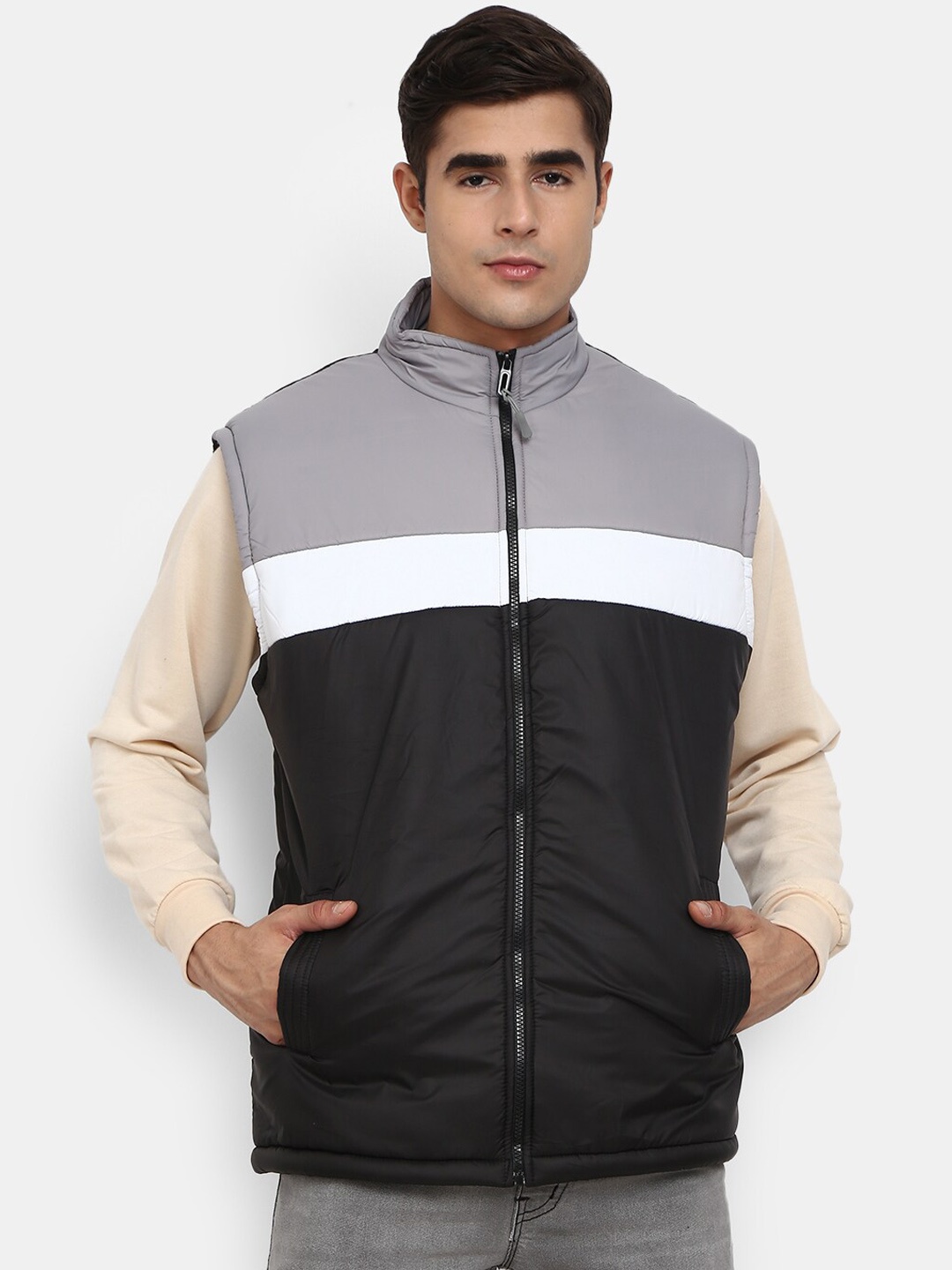 

V-Mart Men Black Grey Colourblocked Lightweight Bomber Jacket