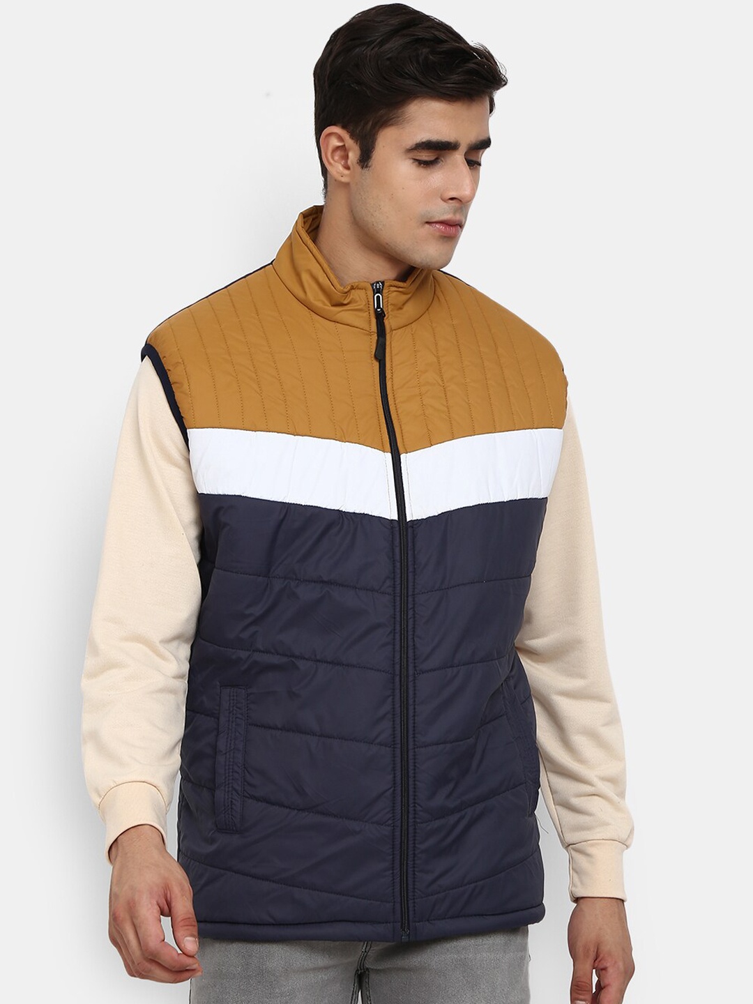 

V-Mart Men Navy Blue Mustard Colourblocked Lightweight Padded Jacket