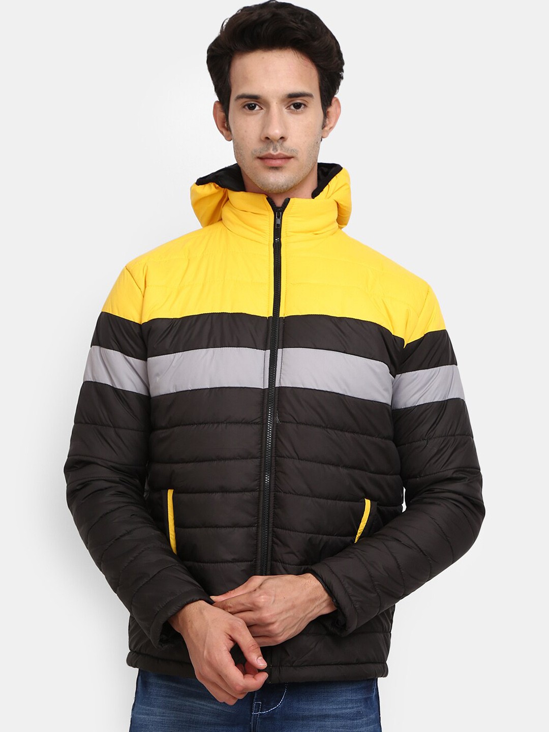 

V-Mart Men Black & Yellow Colourblocked Lightweight Padded Jacket