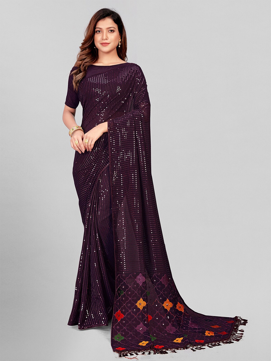 

Granthva Fab Purple & Red Embellished Sequinned Pure Georgette Saree