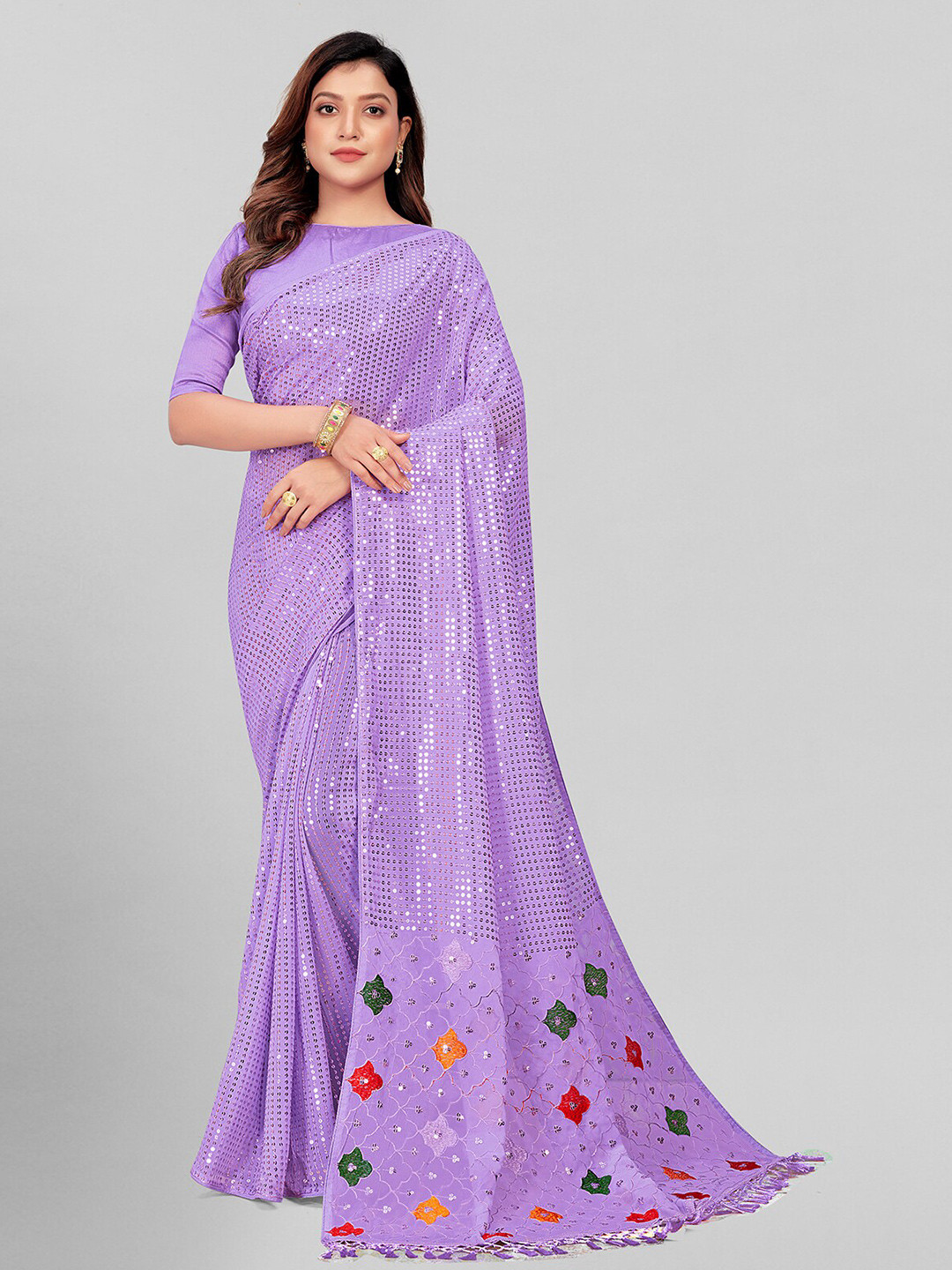 

Granthva Fab Mauve & Red Embellished Sequinned Pure Georgette Saree