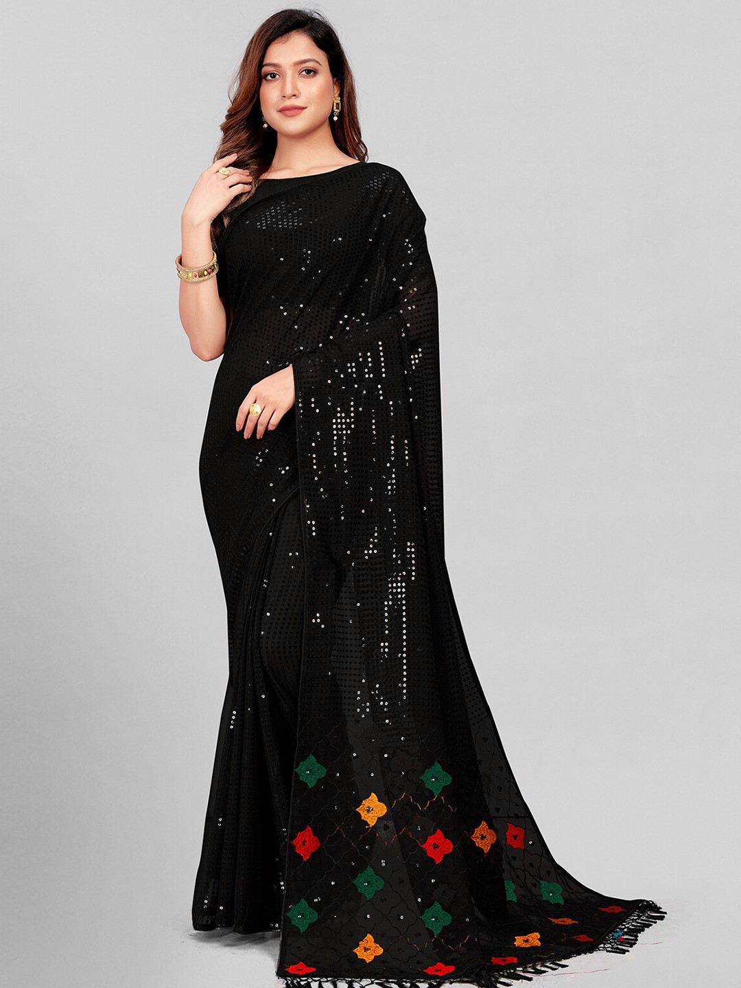 

Granthva Fab Black & Red Embellished Sequinned Pure Georgette Saree