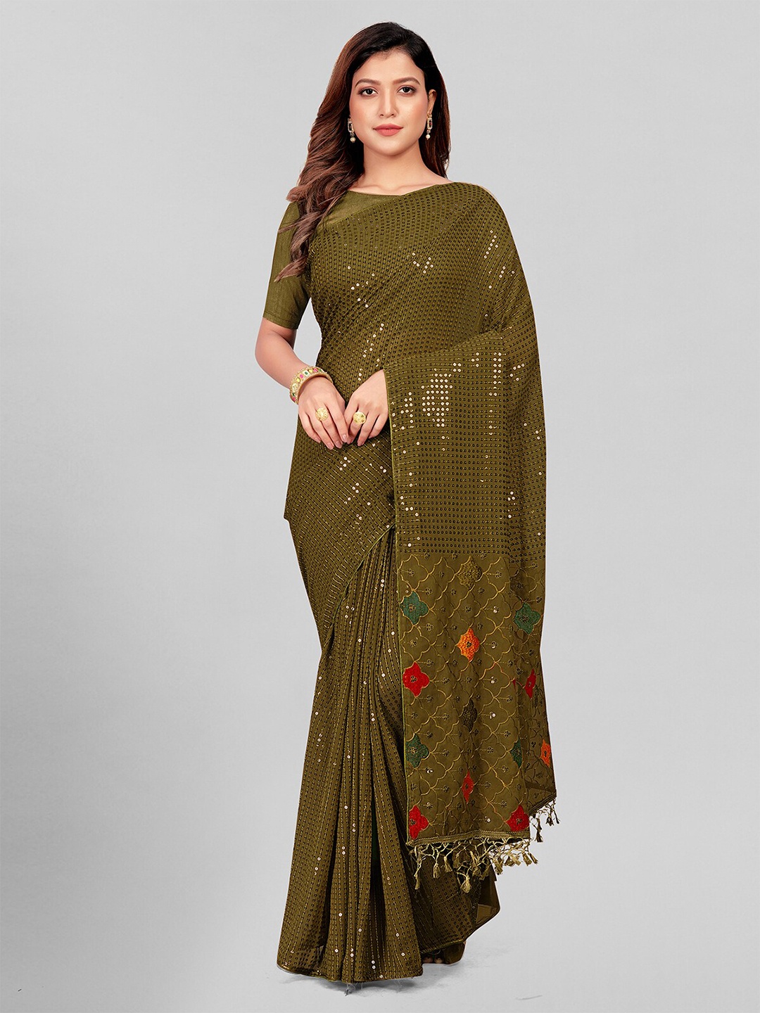 

Granthva Fab Olive Green & Red Embellished Sequinned Pure Georgette Saree