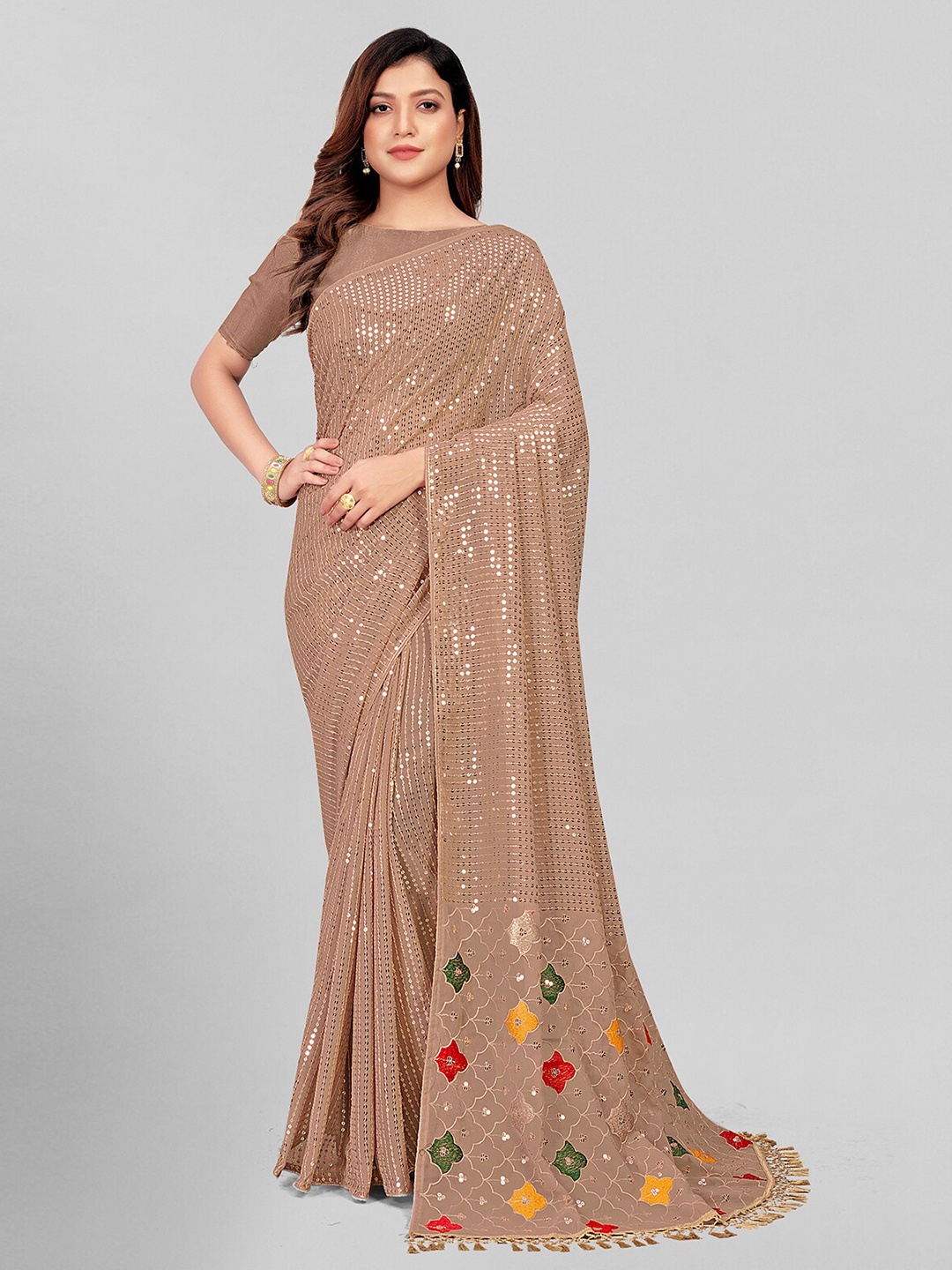 

Granthva Fab Beige & Red Embellished Sequinned Pure Georgette Saree