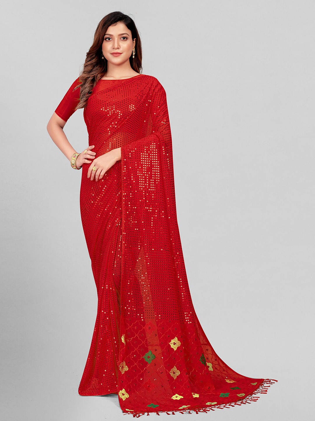 

Granthva Fab Red & Red Embellished Sequinned Pure Georgette Saree