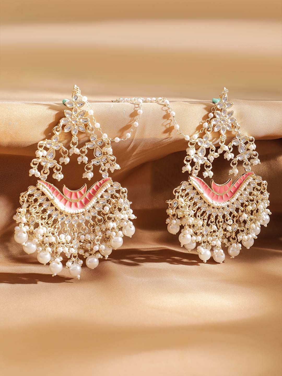 

Rubans 22K Gold Plated Kundan With Pink Enamel And Pearls Chandbali Earrings