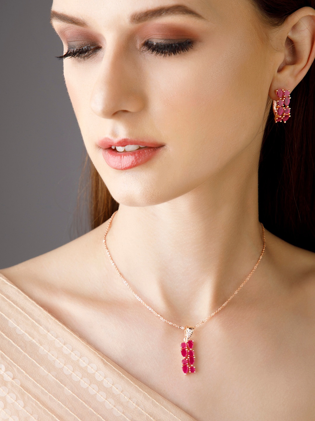 

Rubans Rose Gold Plated & Red AD Stone-Studded Pendant Set