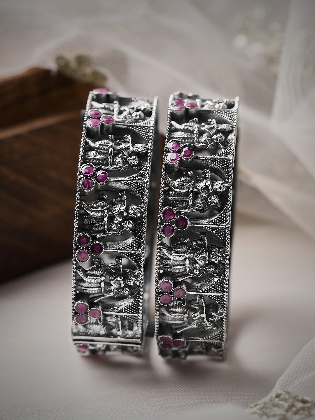 

Rubans Set Of 2 Oxidized Silver-Plated & Pink Kundan-Studded Bangles