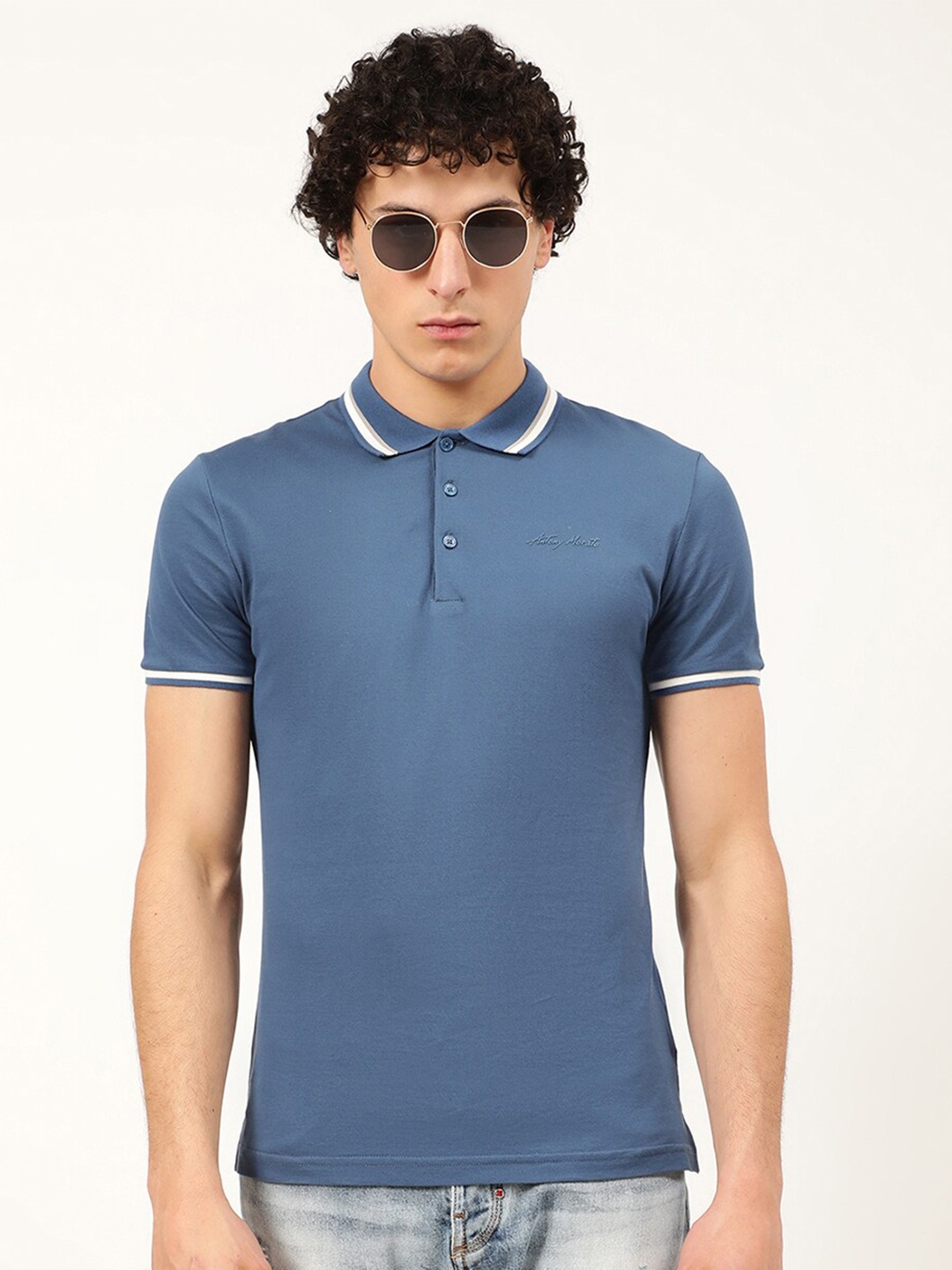 

Antony Morato Men Blue Polo Collar Cotton Slim Fit T-shirt