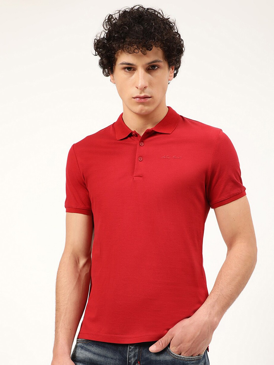 

Antony Morato Men Red Pure Cotton Polo Collar T-shirt