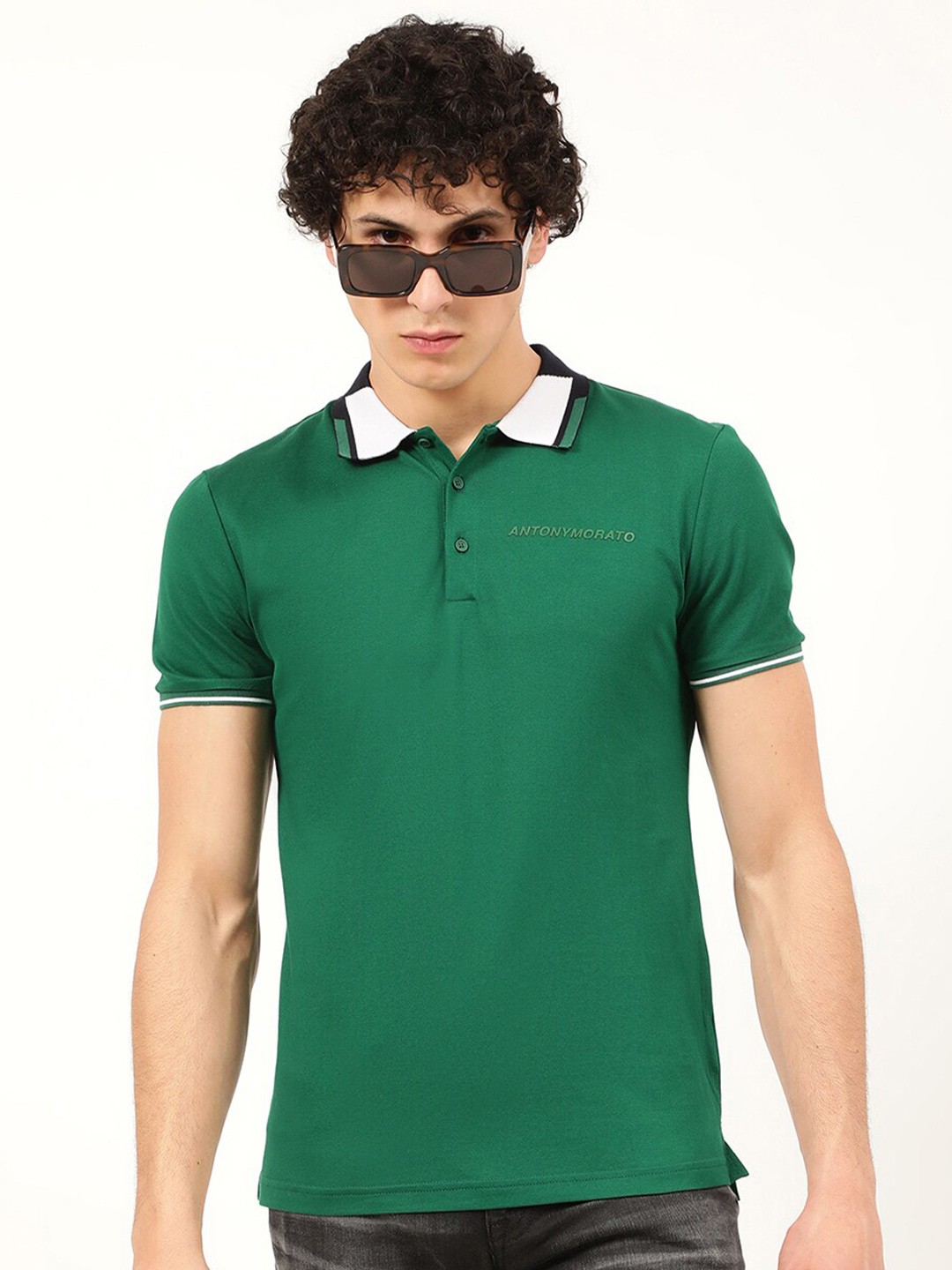 

Antony Morato Men Green Polo Collar Cotton Slim Fit T-shirt