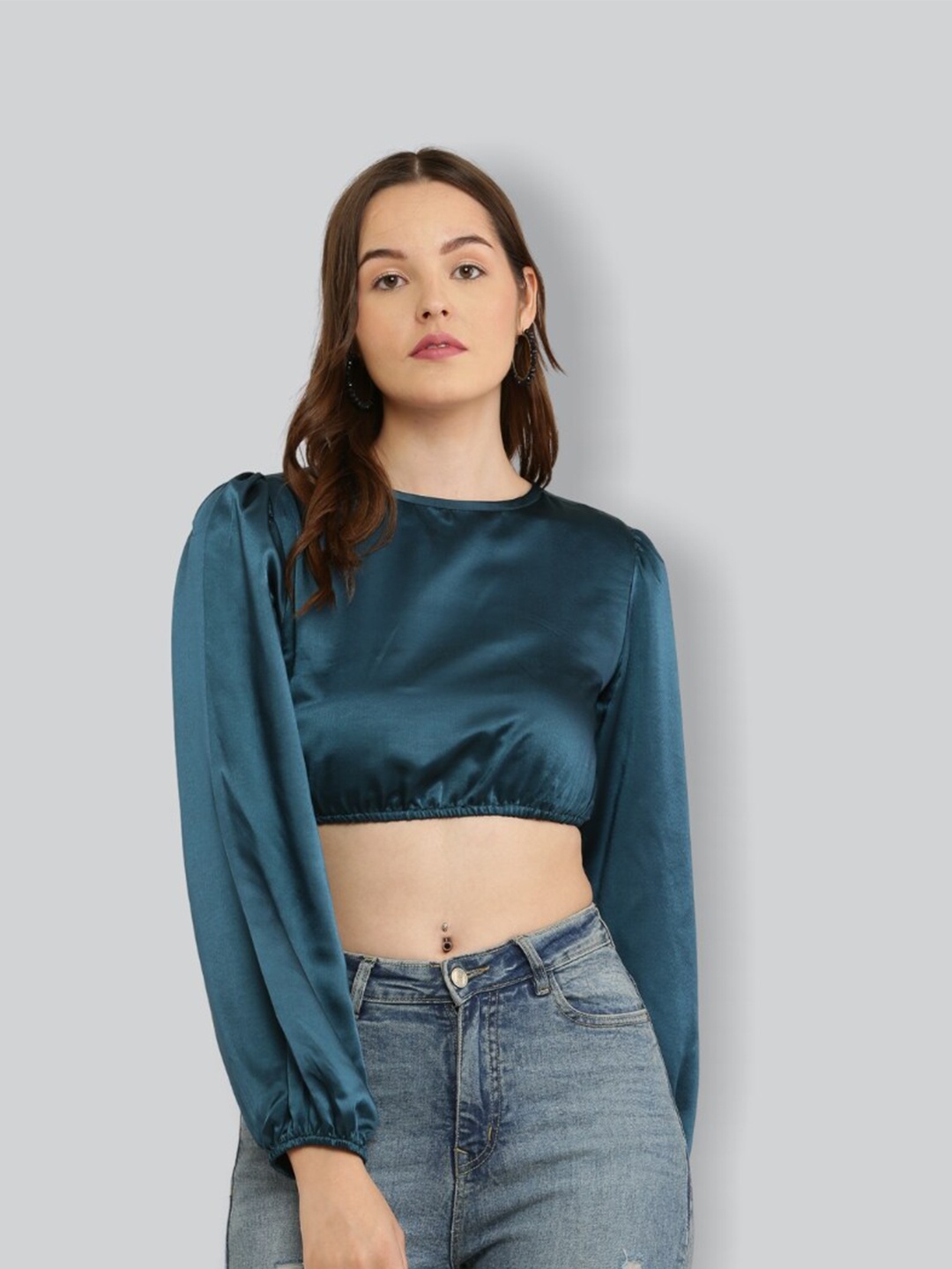 

The Label Bar Women Teal Satin Crop Top