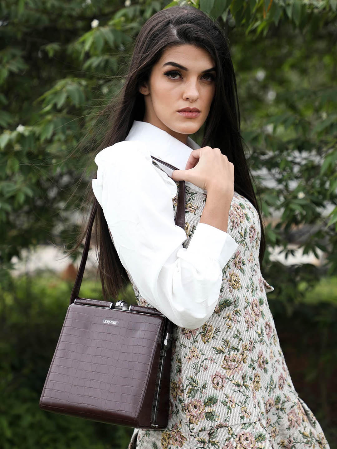 

ODETTE Coffee Brown Textured Structured Shoulder Bag