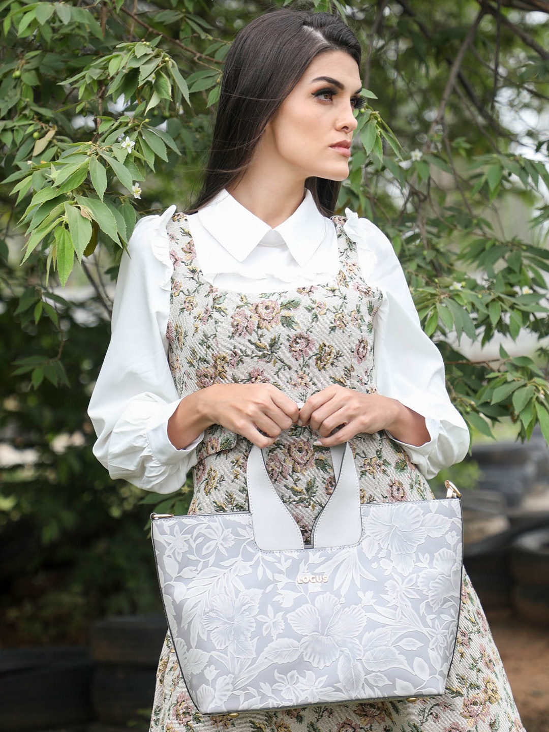 

ODETTE Women Grey Floral PU Structured Handheld Bag