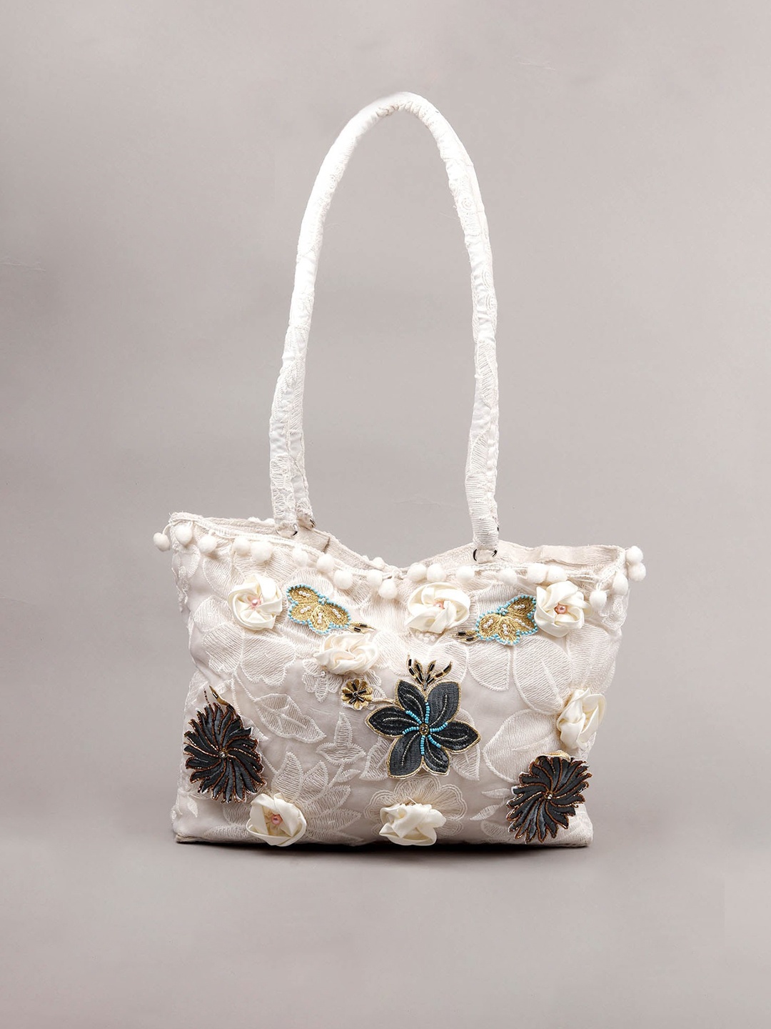 

ODETTE Off White Floral Embellished Structured Shoulder Bag