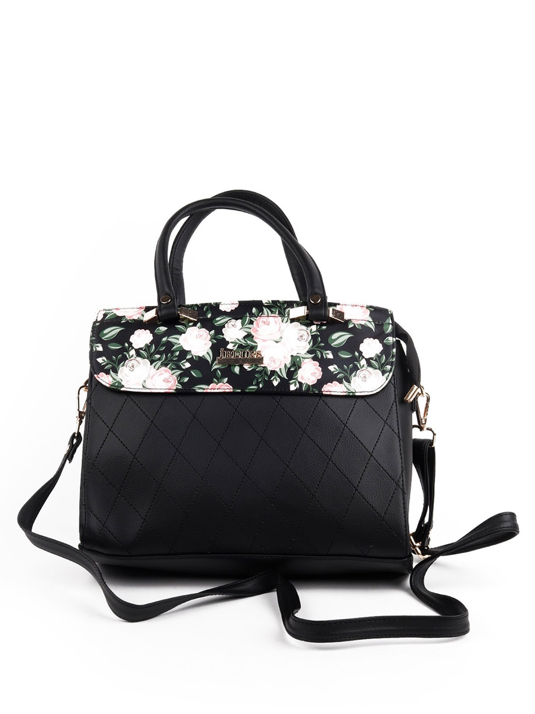 

ODETTE Women Black Floral Textured PU Structured Shoulder Bag with Quilted