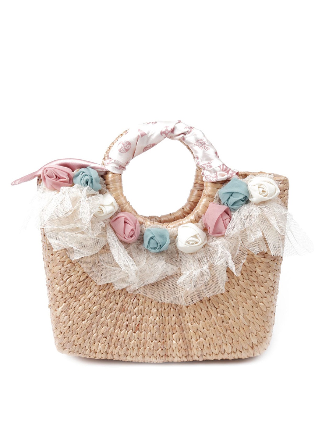 

ODETTE Cream-Coloured Textured PU Structured Handheld Bag with Applique