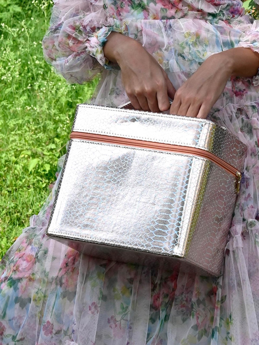 

ODETTE Rose Gold Floral PU Oversized Half Moon Sling Bag with Fringed