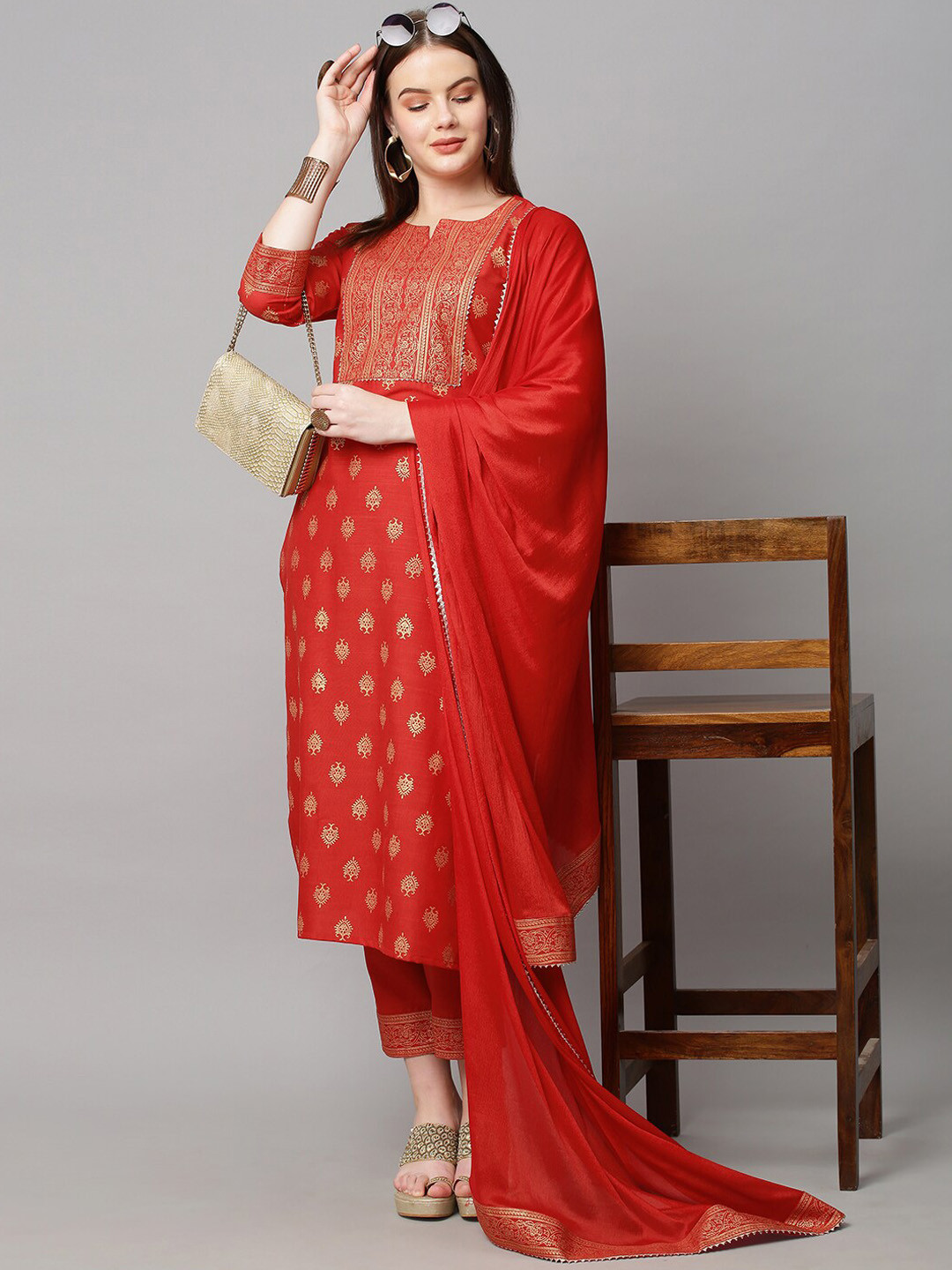 

KALINI Women Red Ethnic Motifs Printed Kurta with Trousers & With Dupatta