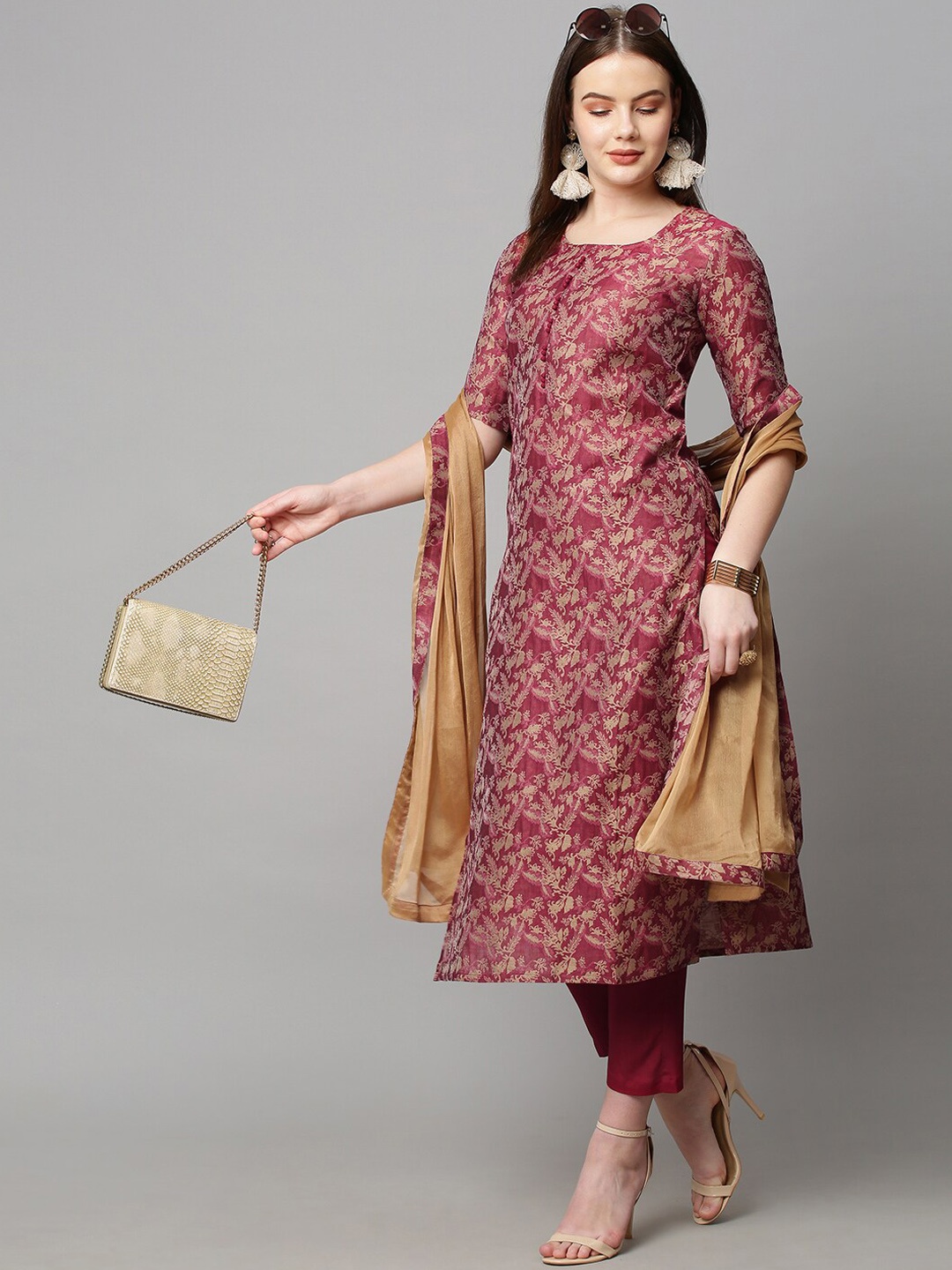 

KALINI Women Red Floral Woven Kurta with Trousers & Dupatta