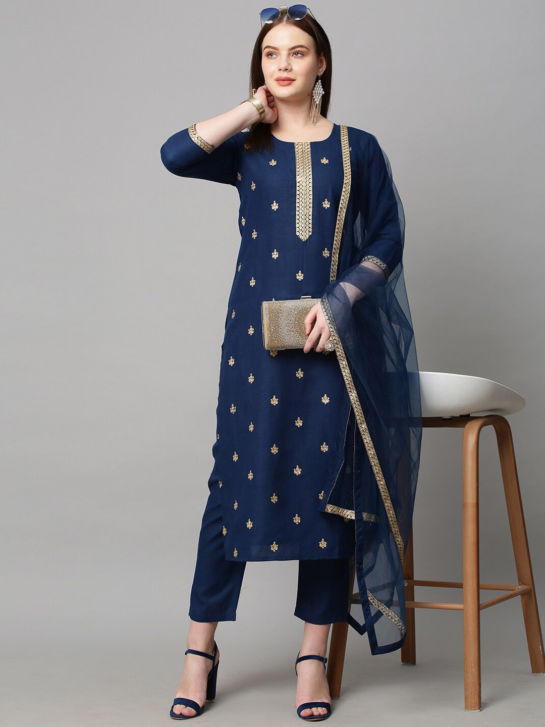 

KALINI Women Navy Blue Floral Embroidered Kurta with Trouser & With Dupatta Set