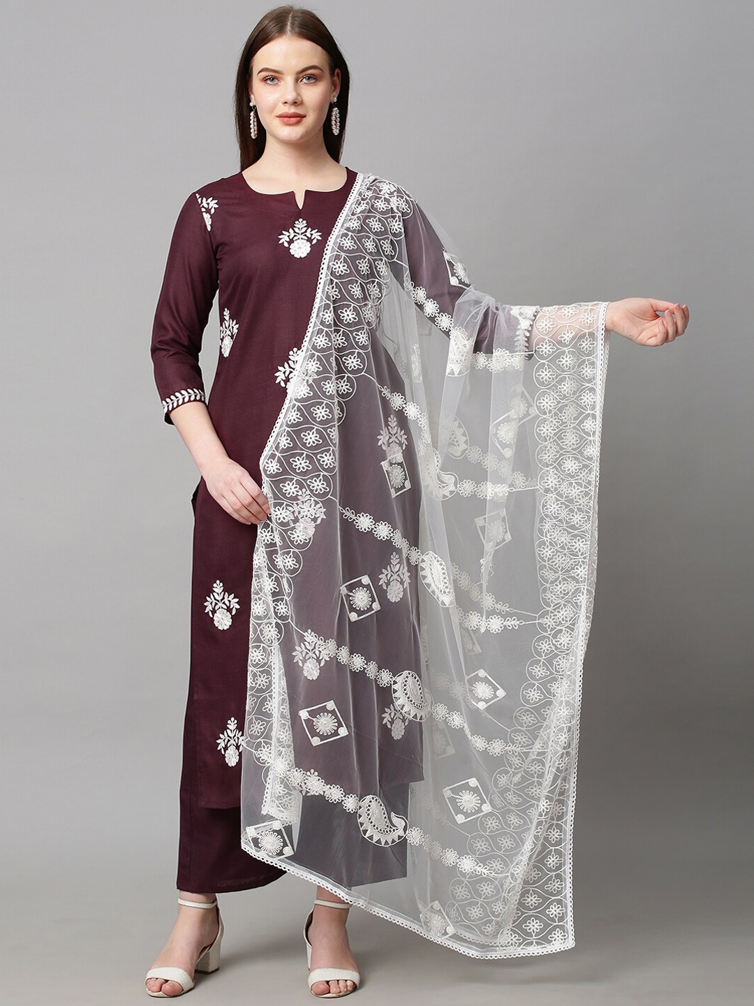 

KALINI Women Maroon Embroidered Thread Work Kurta with Palazzos & With Dupatta