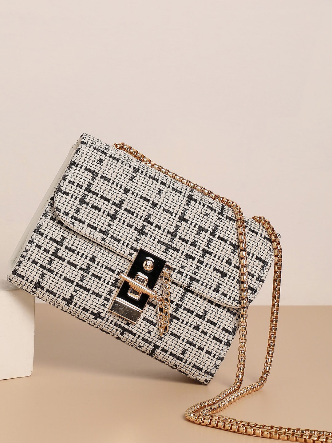 

HAUTE SAUCE by Campus Sutra Women White & Black Textured Structured Sling Bag