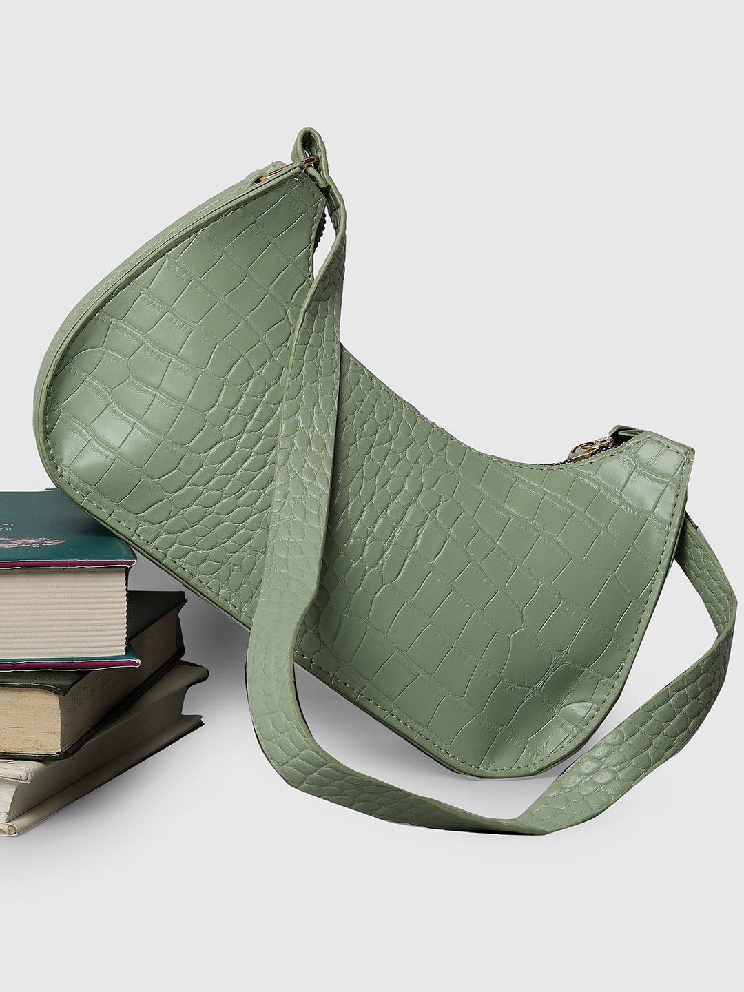 

HAUTE SAUCE by Campus Sutra Women Green Textured Half Moon Shoulder Bag