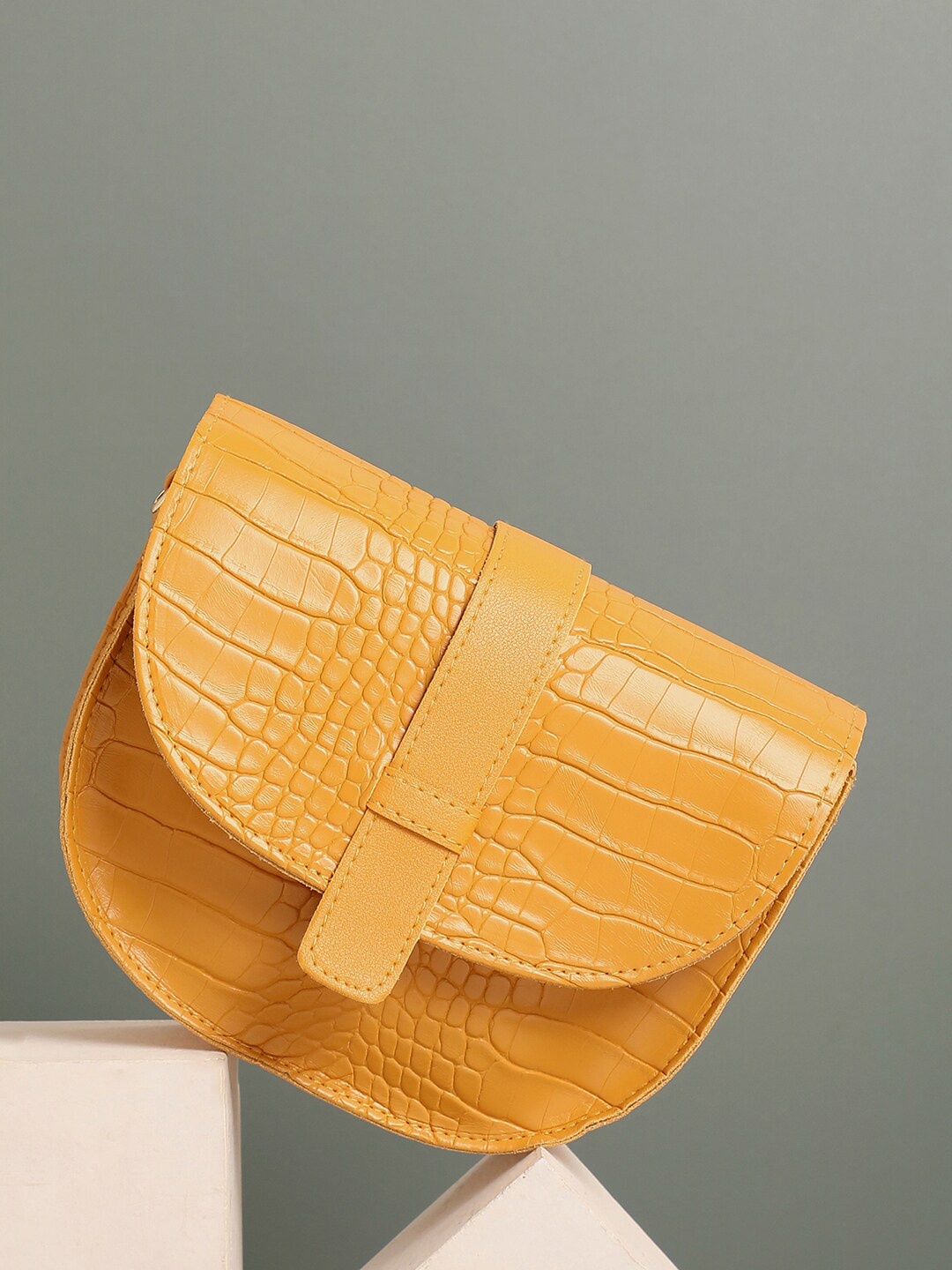 

HAUTE SAUCE by Campus Sutra Mustard Textured PU Half Moon Sling Bag