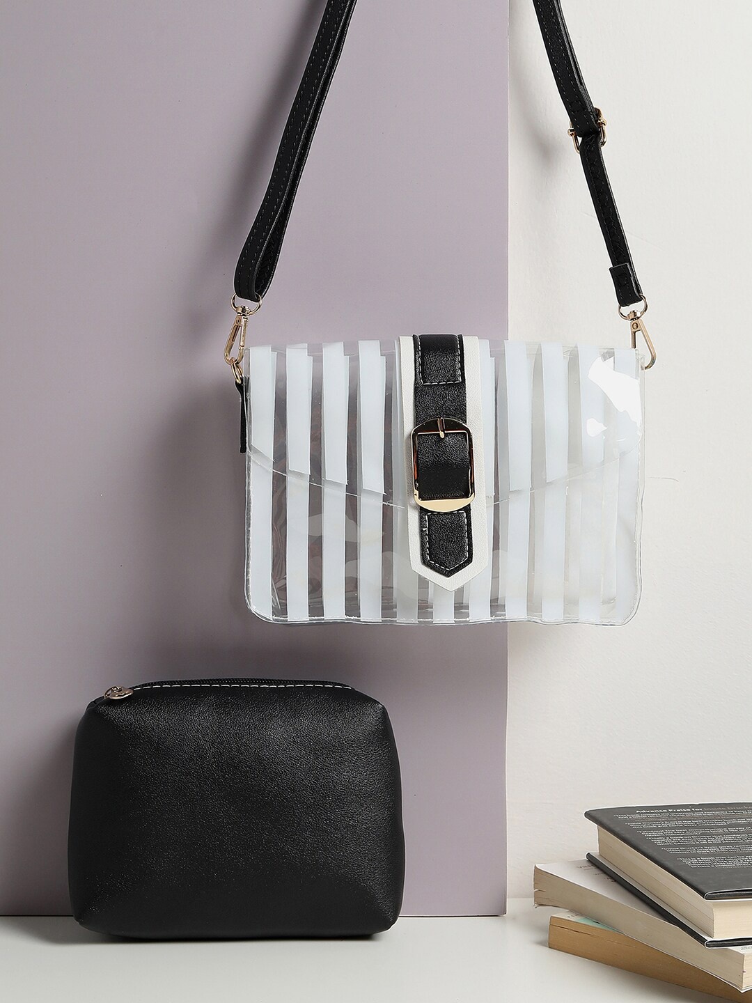

HAUTE SAUCE by Campus Sutra Women Black Striped PU Structured Sling Bag