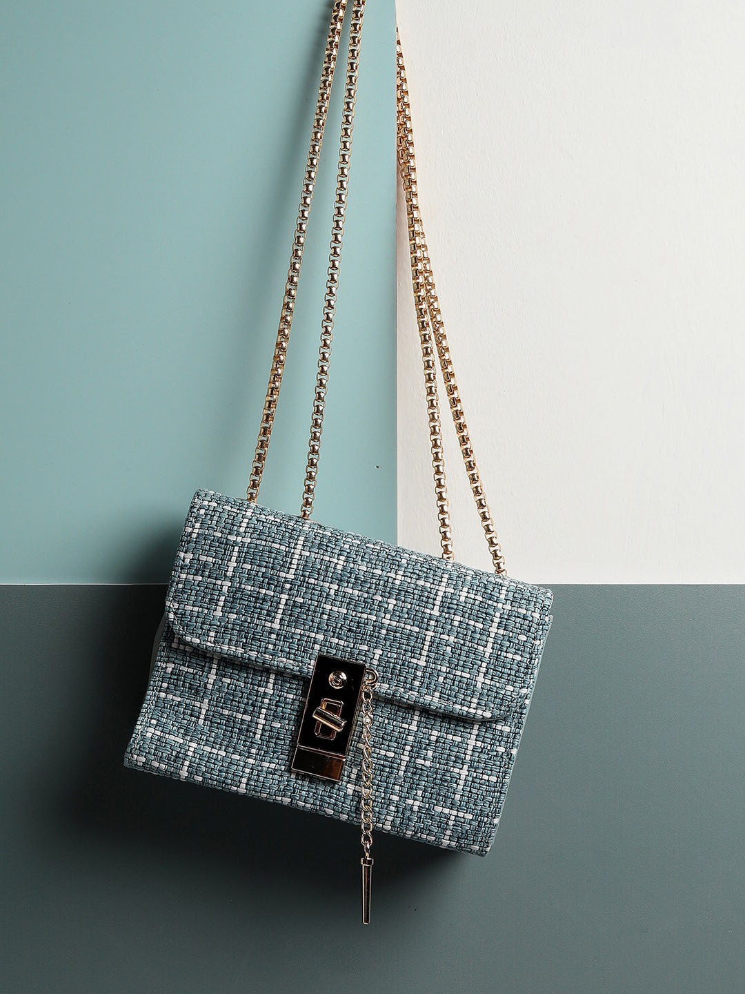

HAUTE SAUCE by Campus Sutra Women Teal Checked Textured Structured Sling Bag
