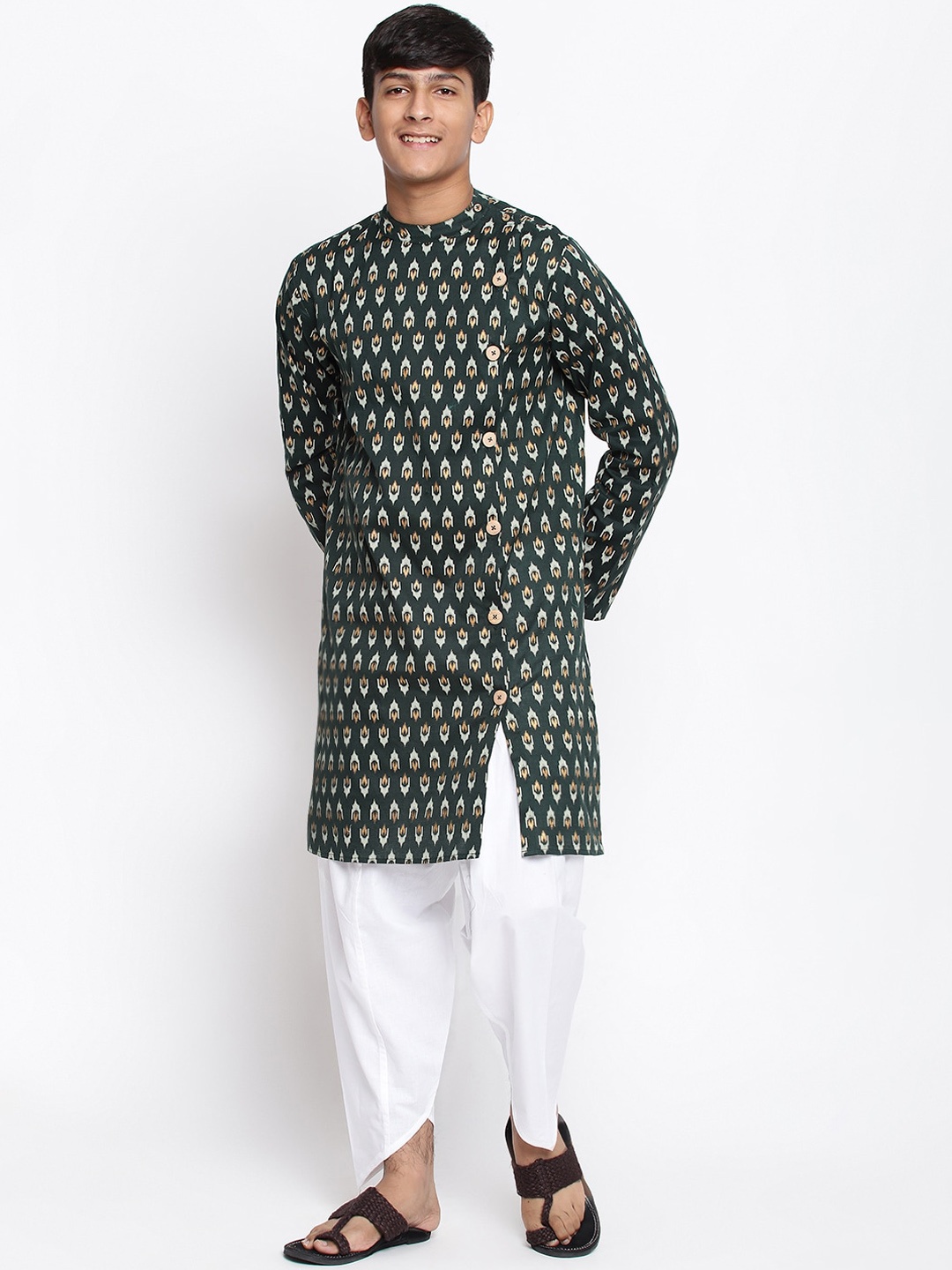 

Lil Tomatoes Boys Green Ethnic Motifs Printed Angrakha Kurta with Dhoti Pants