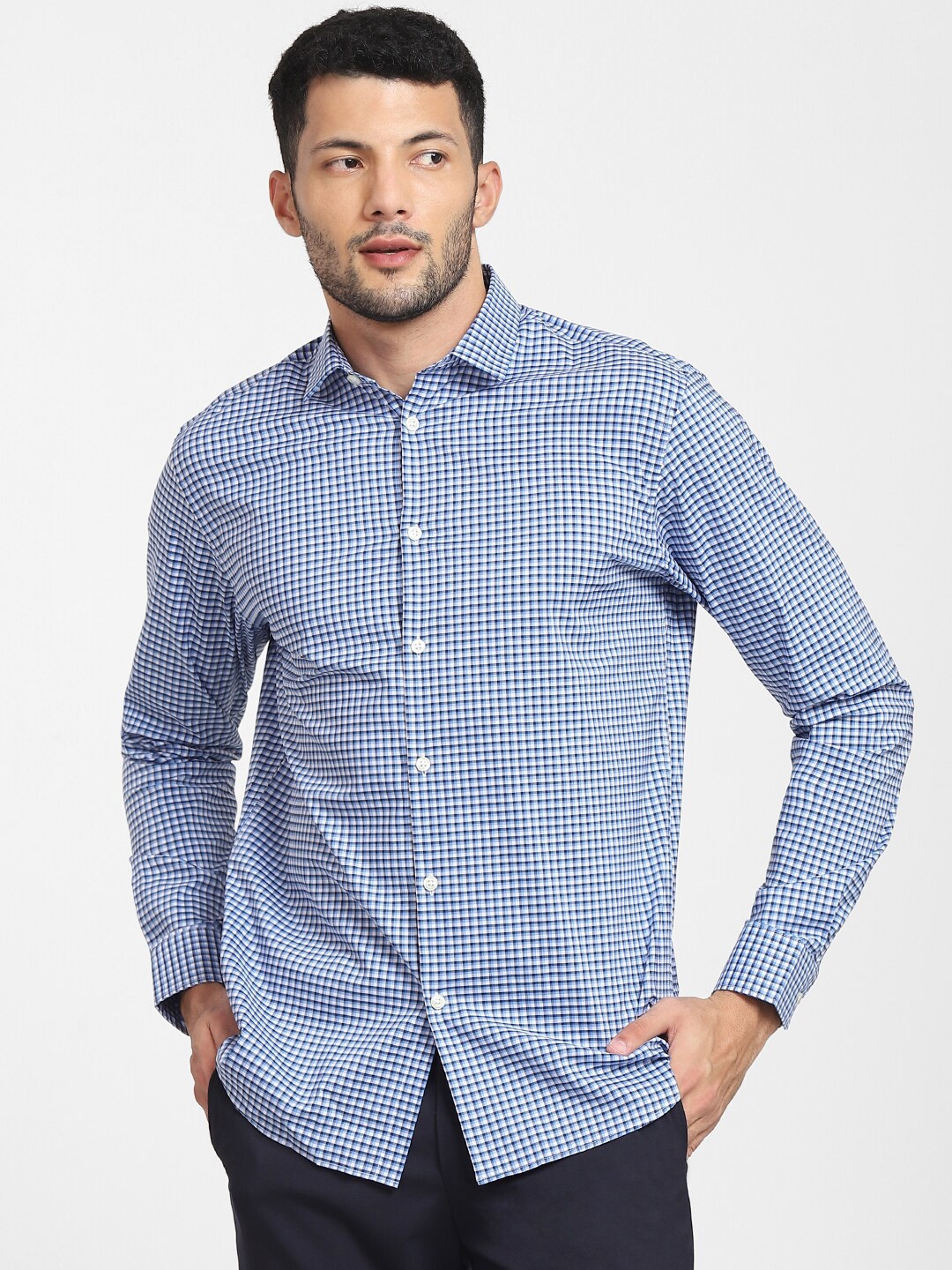 

SELECTED Men Blue Slim Fit Micro Checked Casual Cotton Shirt