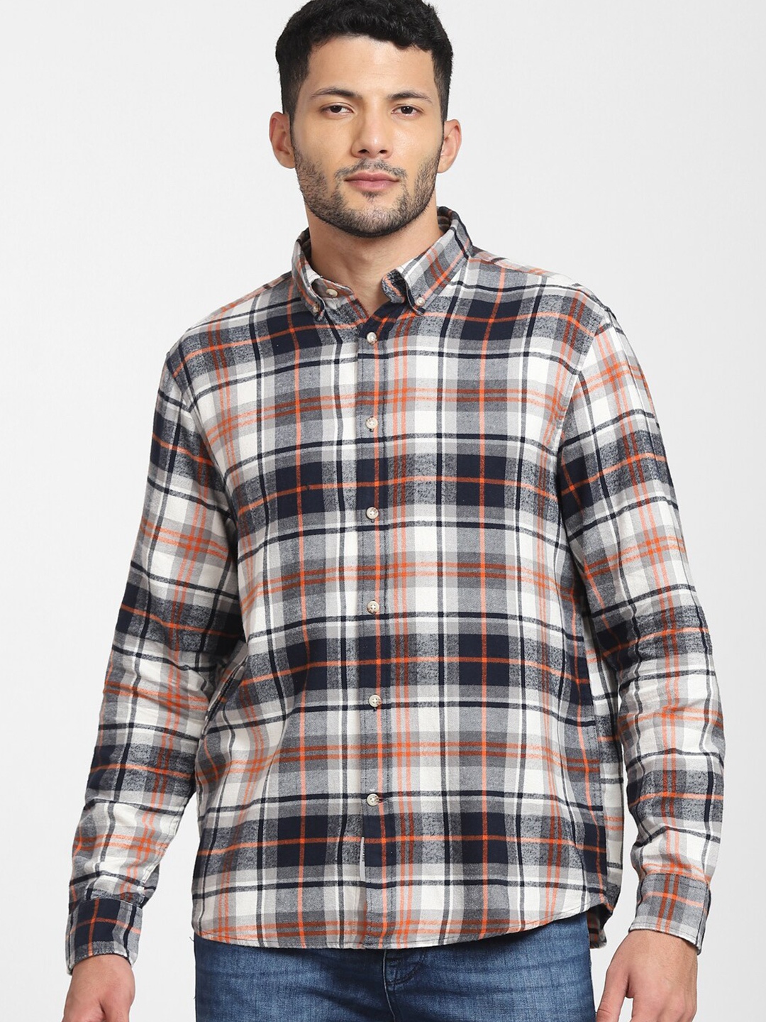 

SELECTED Men Grey Tartan Checked Casual Shirt