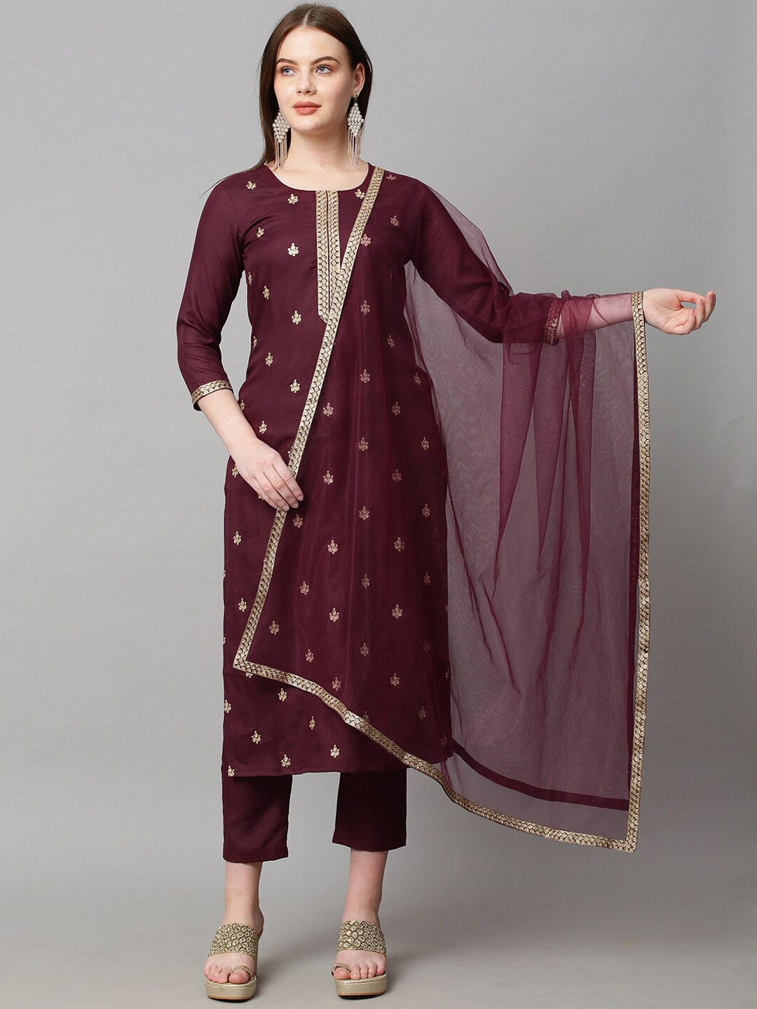 

KALINI Women Burgundy Embroidered Straight Kurta with Trousers & With Dupatta
