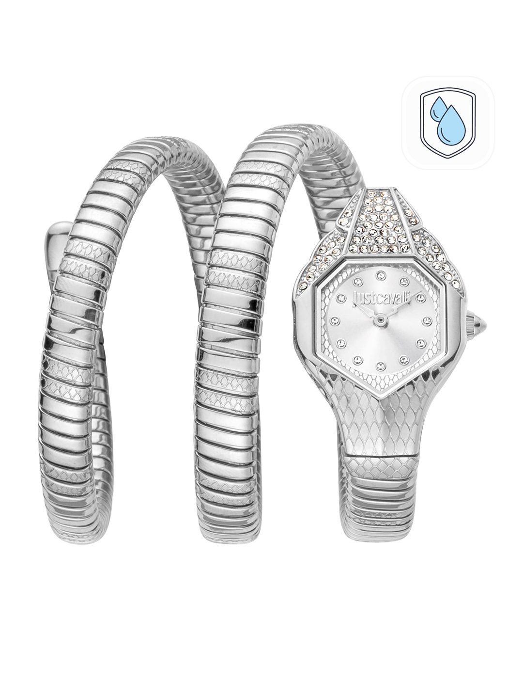 

Just Cavalli Women Silver-Toned Embellished Dial & Silver Toned Stainless Steel Wrap Around Straps Analogue Watch